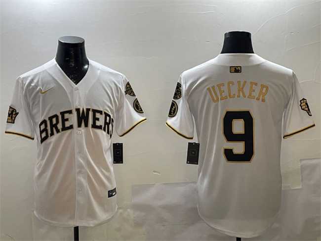 Mens Milwaukee Brewers #9 Bob Uecker White Gold With Home Patch Limited Stitched Jersey